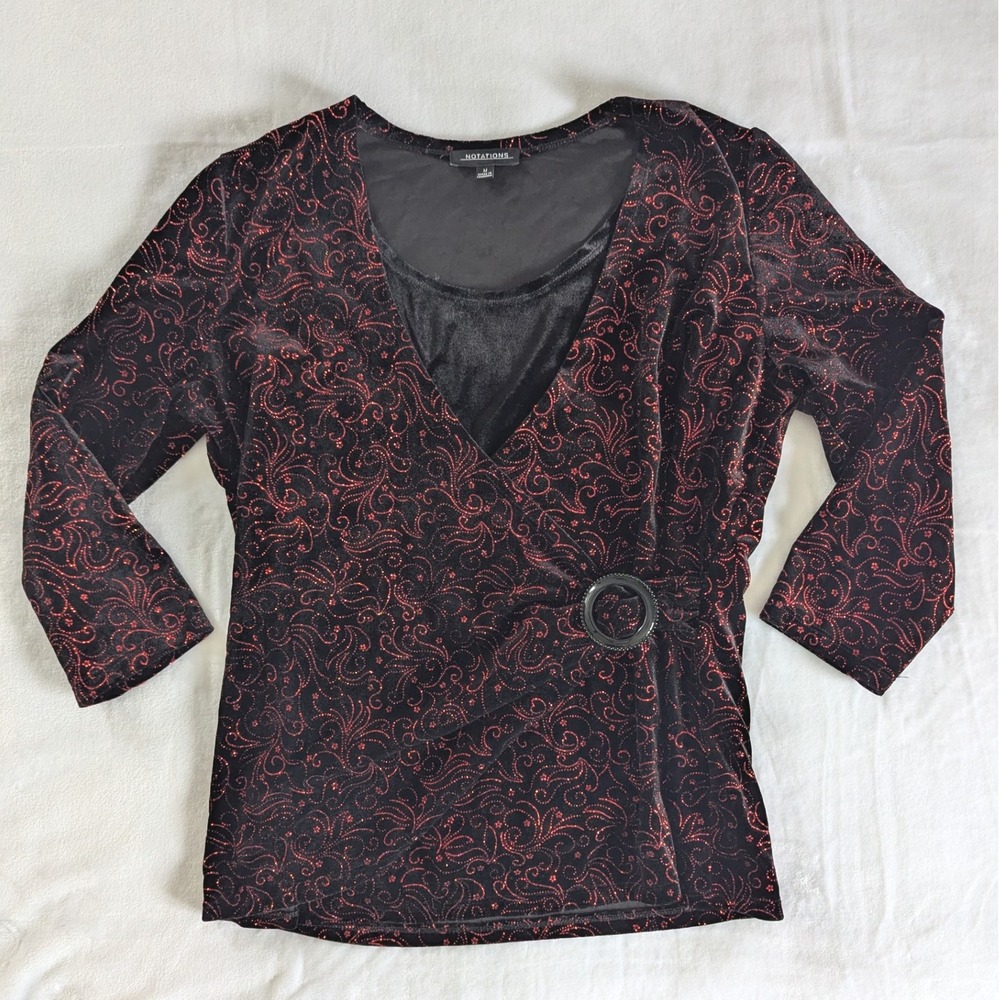 Notations Black Red Swirl Glitter Velvet Faux Wrap Top‎ Womens Sz M Festive Glam